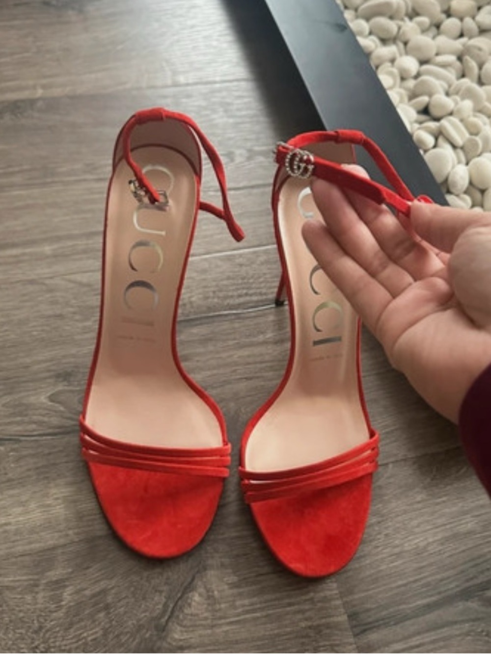 Gucci Red Suede Open-Toe Ankle-Strap Heels